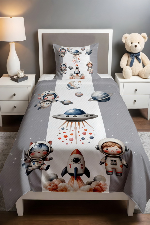 Cat and Child Astronaut Space Patterned Pique Set