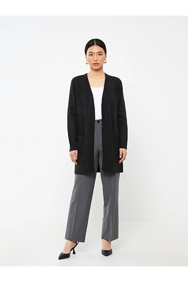 Classic Antrasit Melanj Şal Yaka Düz Uzun Kollu Kadın Triko Hırka W33051Z8 - D3A - Antrasit Melanj - 4