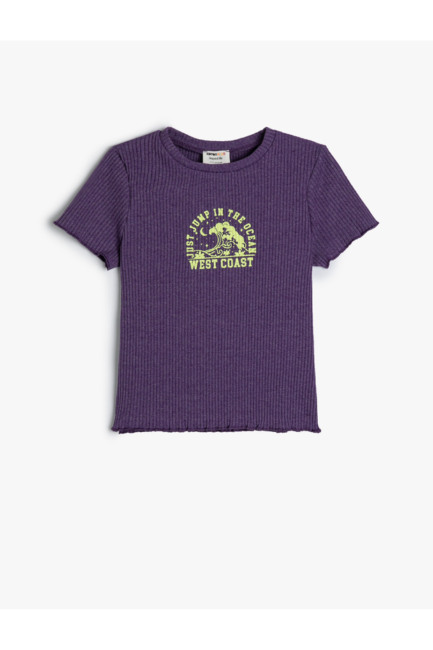 T-Shirt Slogan Printed Ribbed Short Sleeve Crew Neck