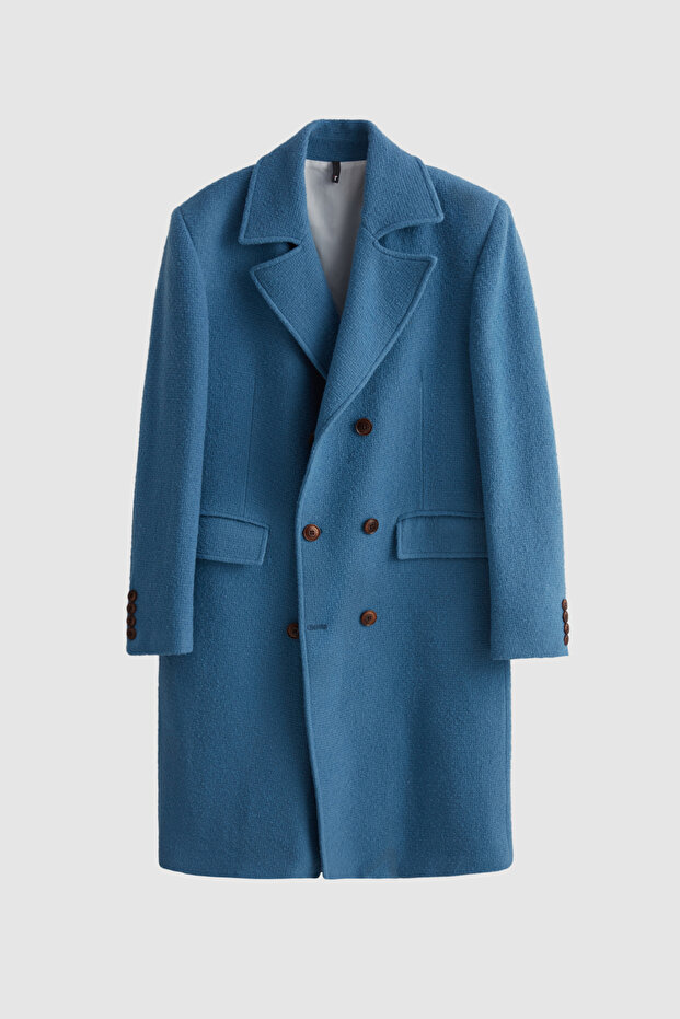 Slim Fit Mavi Yün-poliamid Palto - 7