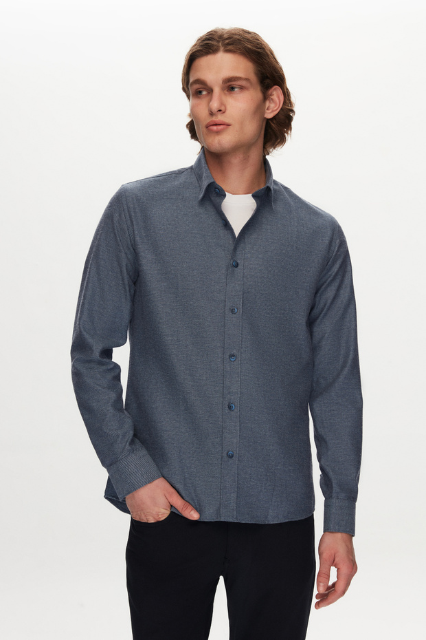 Slim Fit Mavi Pamuk Karışımlı Gömlek - 1