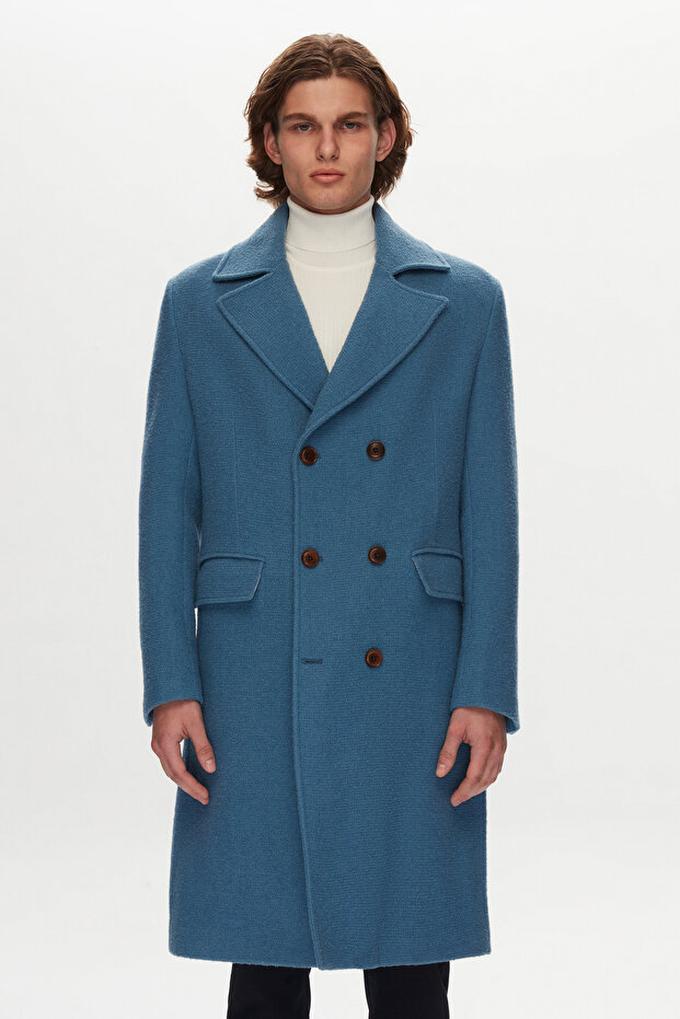 Slim Fit Mavi Yün-poliamid Palto - 1