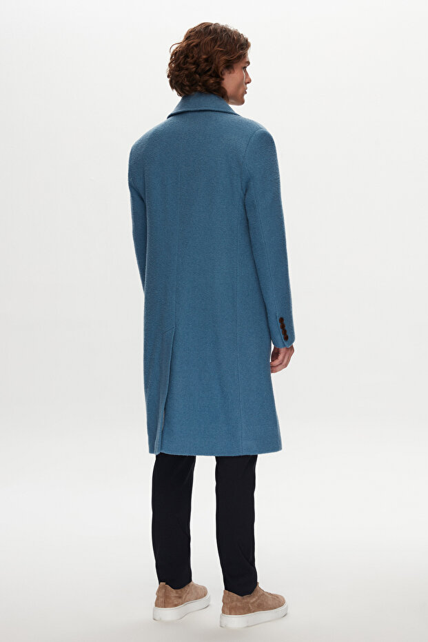 Slim Fit Mavi Yün-poliamid Palto - 4
