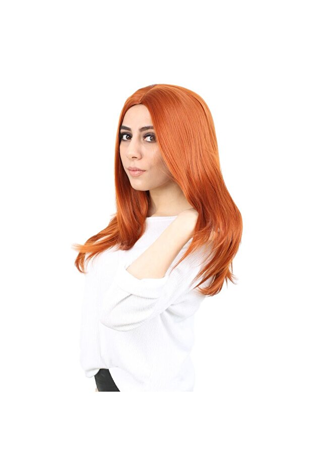 شعر مستعار مستقيم متوسط ​​الطول من الألياف بدون غرة / نحاسي - 3