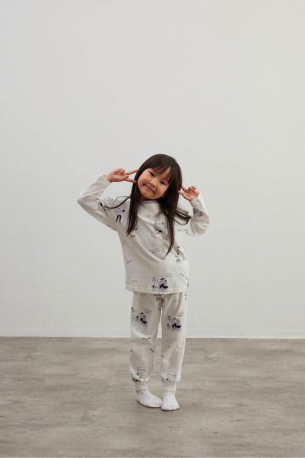 Kız Çocuk Pamuklu Uzun Kollu Pijama Takımı - 1