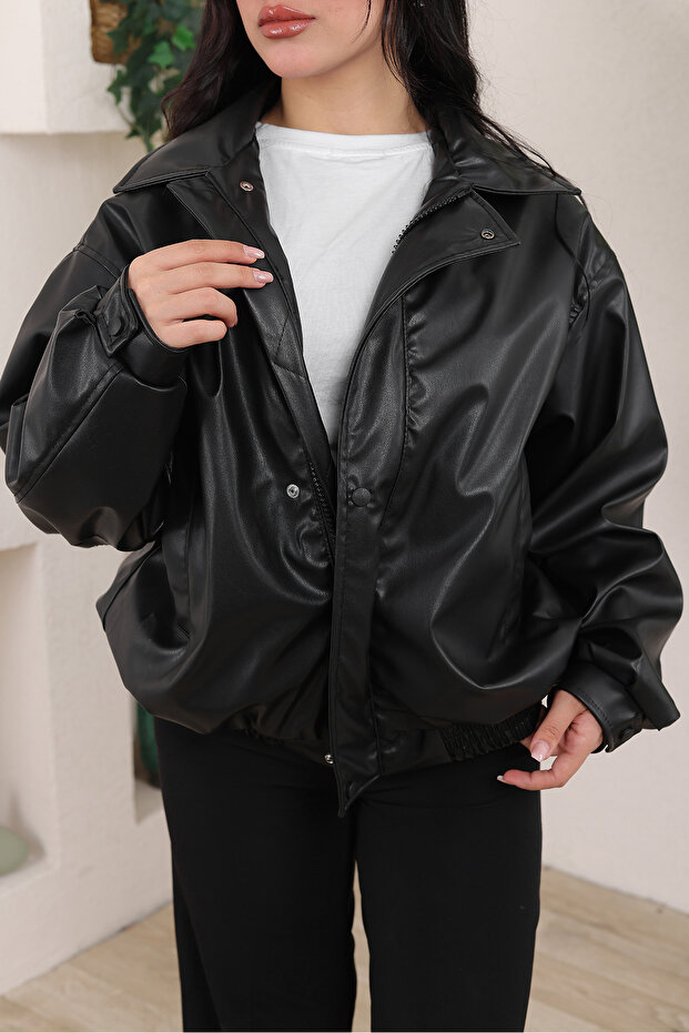 Oversize Vintage Bomber Deri Ceket - 1