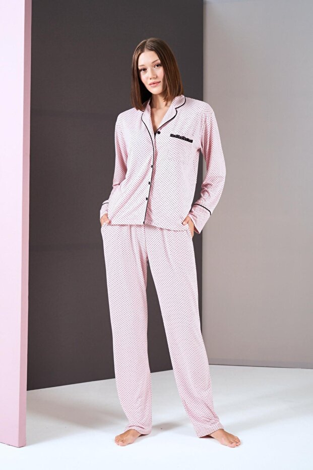 Women's Buttoned Polka Dot Pajamas Lace Detailed Bustier Triple Set