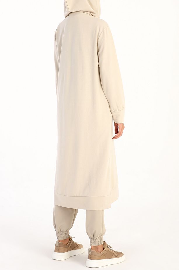 Taş Leopar Bağcıklı Kapüşonlu Rahat Örme Tunik - 3