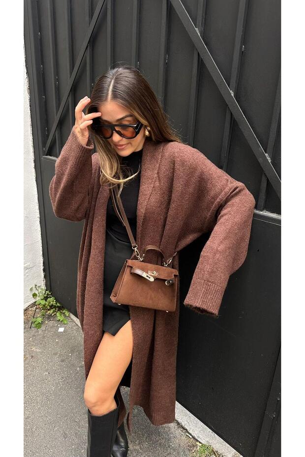 Bitter Brown Shawl Collar Long Cardigan