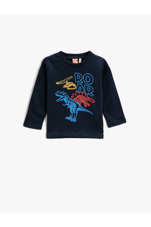 Dinosaur Printed T-Shirt Long Sleeve Crew Neck Cotton
