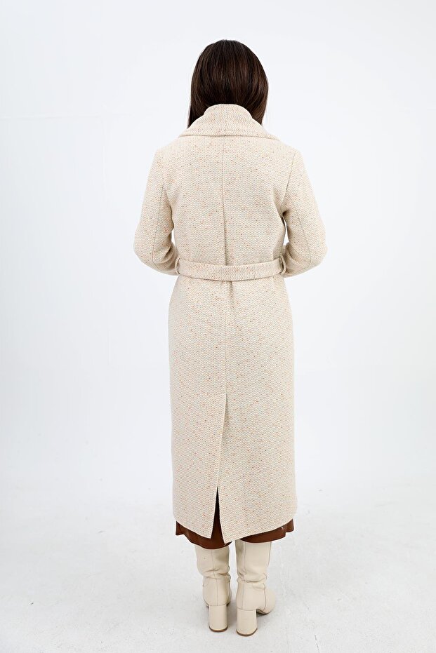 Kruvaze Yaka Fleto Cepli Uzun Kaban - Ekru - 5