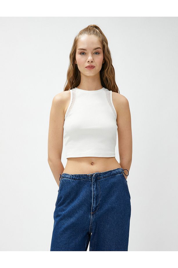 Crop Atlet Halter Yaka File Detaylı Pamuklu - 3