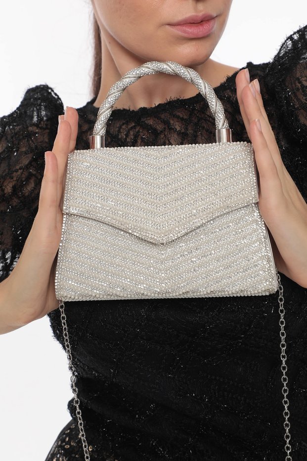 Mother-Of-Pearl Color Pearl Stone Full Stone Chain Strap Stylish New Season Women's Evening Dress Portfolio Wedding Clutch Bag