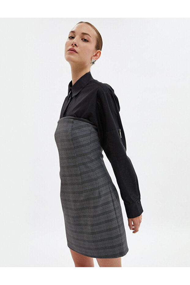 Mini Strapless Dress with Faux Leather Detail on the Collar