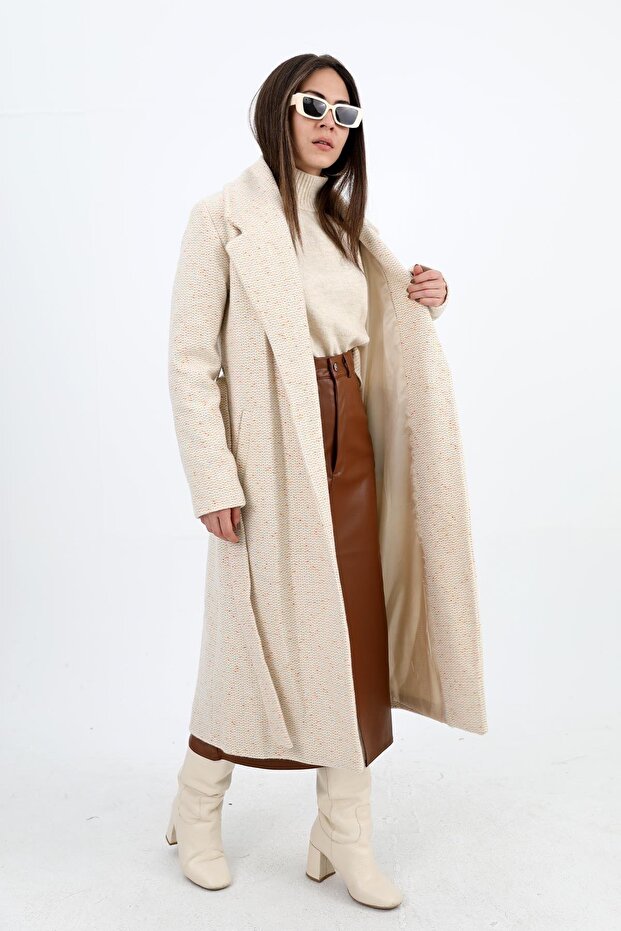 Kruvaze Yaka Fleto Cepli Uzun Kaban - Ekru - 4