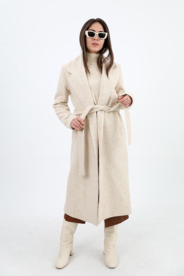 Kruvaze Yaka Fleto Cepli Uzun Kaban - Ekru - 2