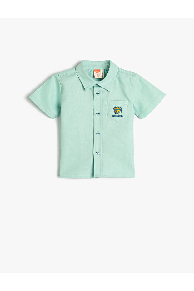 Linen Blend Shirt Short Sleeve Pocket Embroidery Detailed