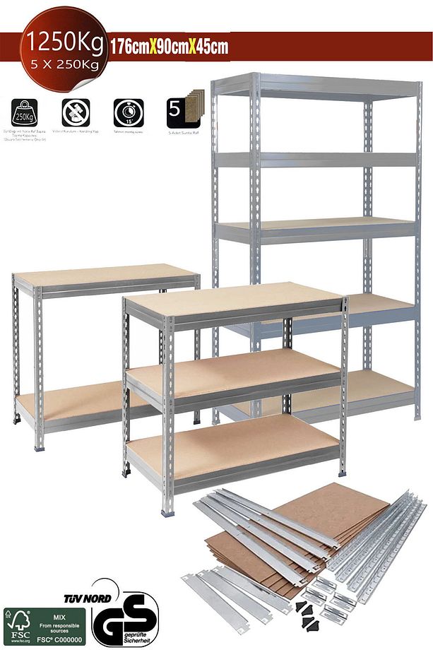 Ağır Yük Raf Sistemi Ofis Depo Rafı Aletsiz Kurulum 5 Raflı 176x90x45cm BD062 - 1