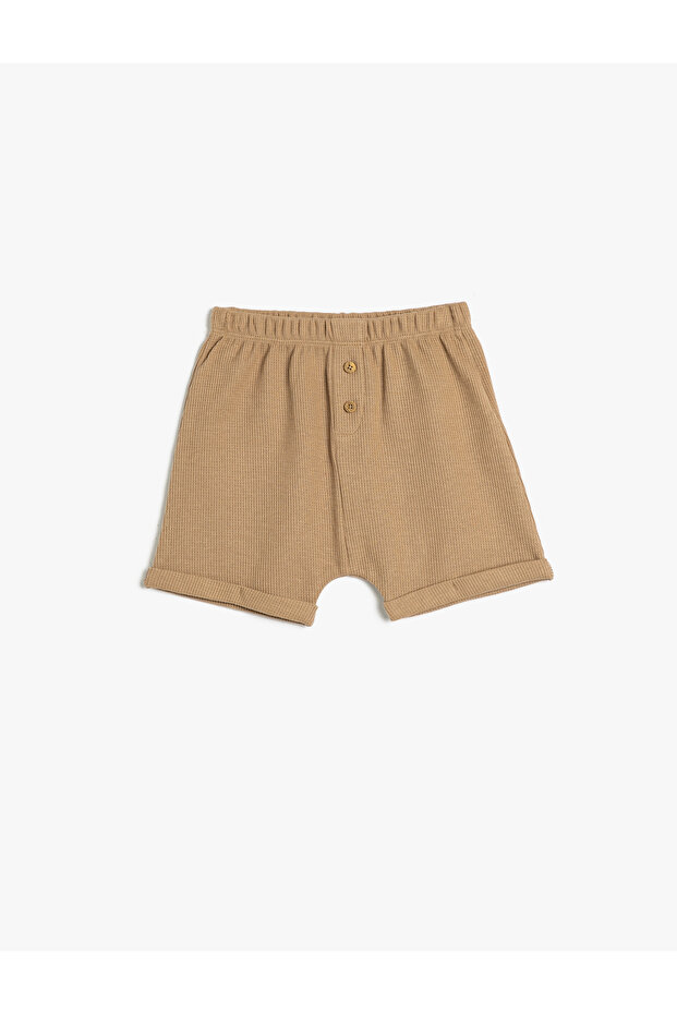 Shorts, Cotton, Elastic Waist, Button Detail, Textured
