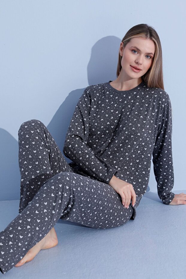 Cotton Gray Patterned Women's Long Sleeve Pajama Set