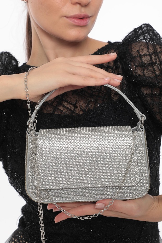 Silver Color Stoned Shoulder Strap Stylish New Season Women's Evening Dress Portfolio Wedding Clutch Bag
