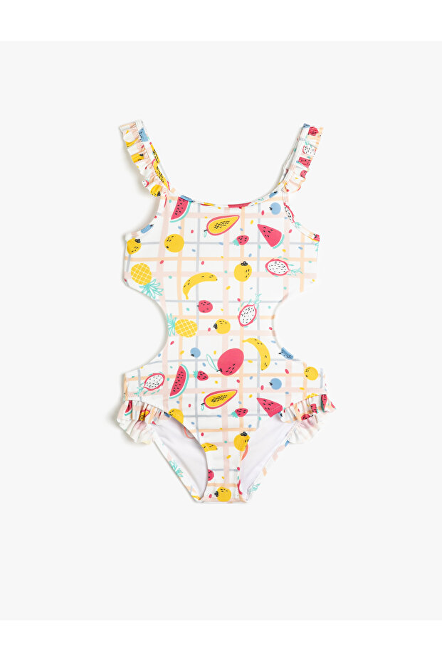 Swimsuit with Printed Ruffle Details and Window Detailing