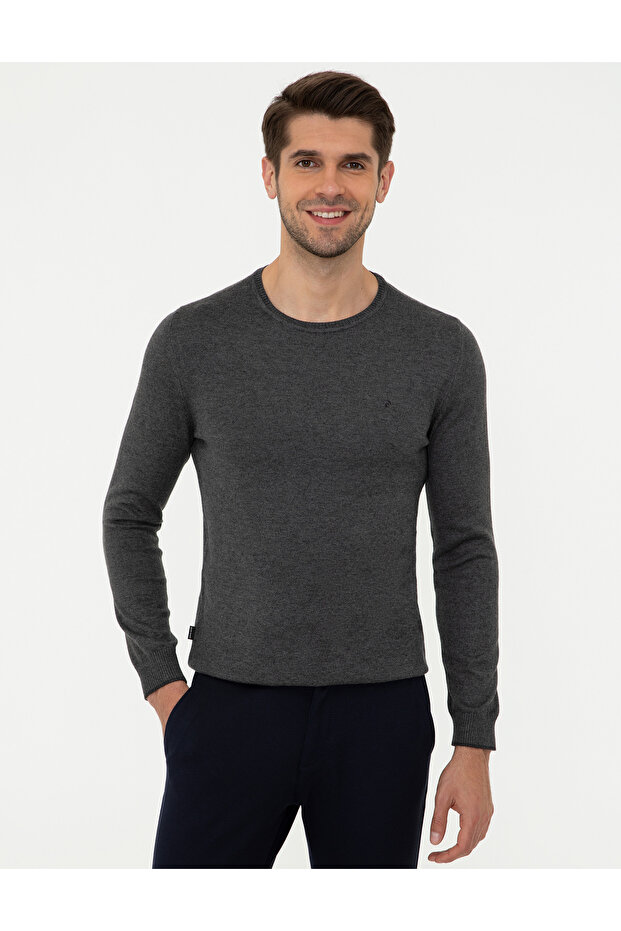 Gray Melange Slim Fit Crew Neck Basic Knitwear Sweater 50248582-Vr086