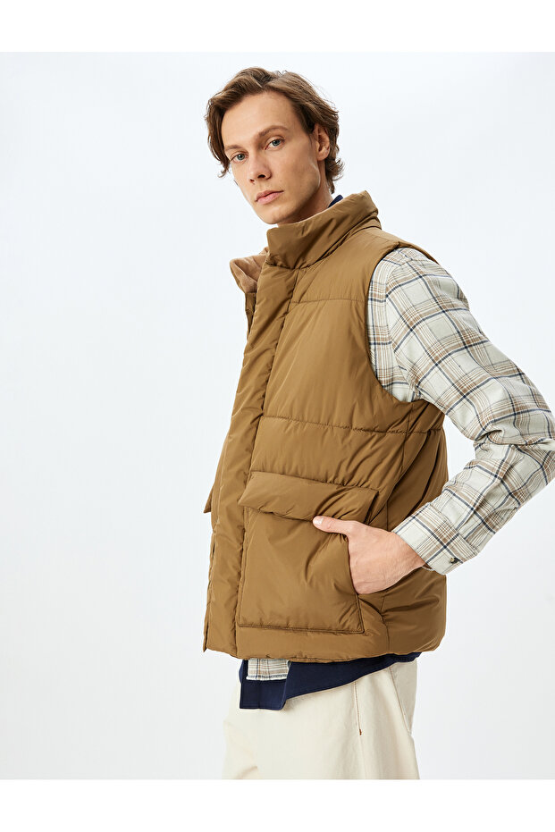Stand Collar Slim Fit Puffer Vest with Covered Pocket Detail
