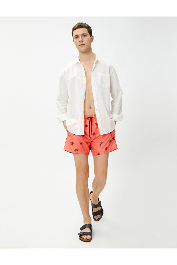 Swim Shorts with Palm Tree Print, Lace Waist and Pocket