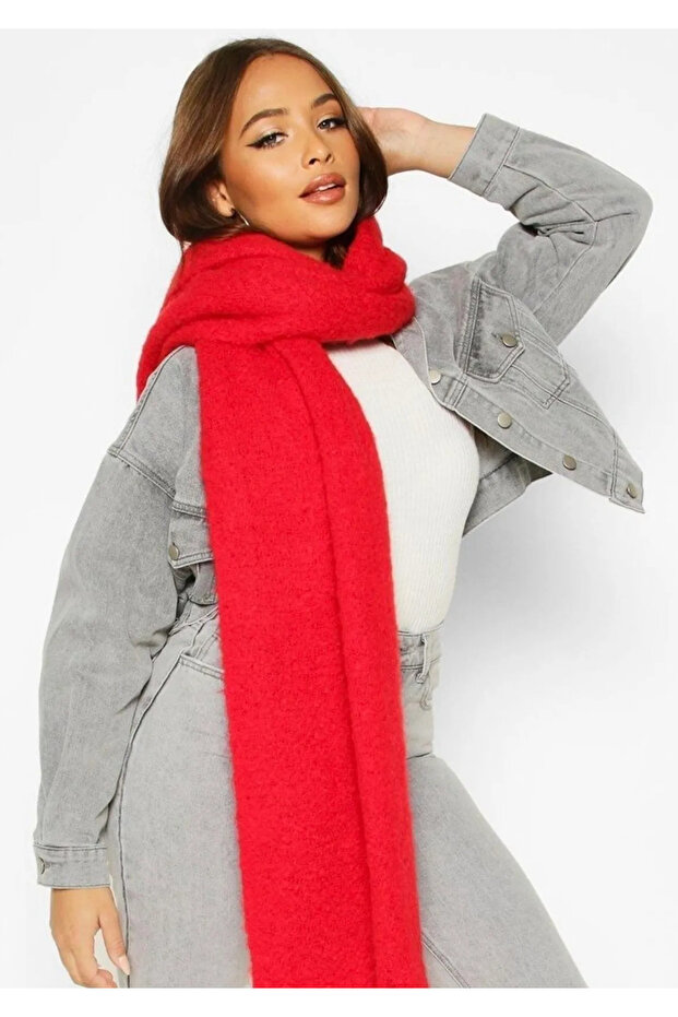 وشاح ناعم سميك باللون الأحمر - 2