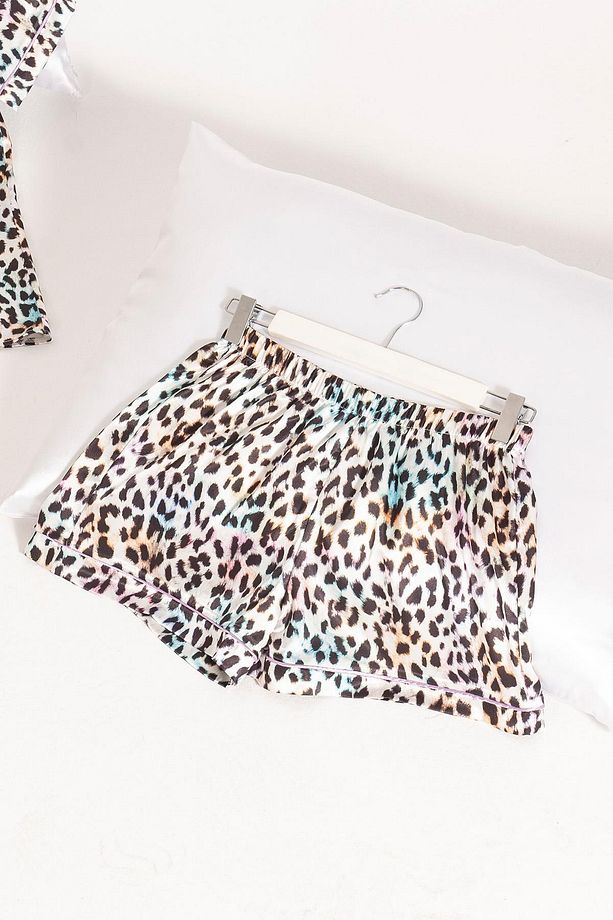 5'li Leopar Desenli Saten Pijama Şort Takım - 3