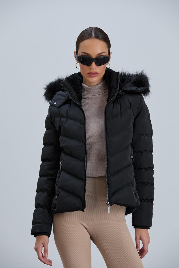 Women's Black Faux Fur Removable Hooded Puffer Coat Beste Women's Puffer Coat