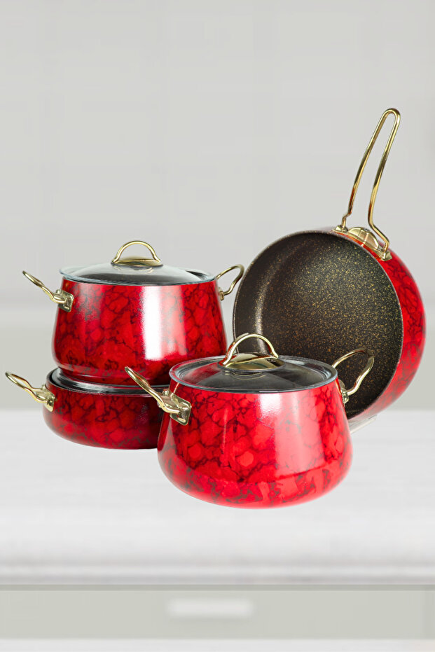 7 Piece Red Marble Pattern Copper Set - 1