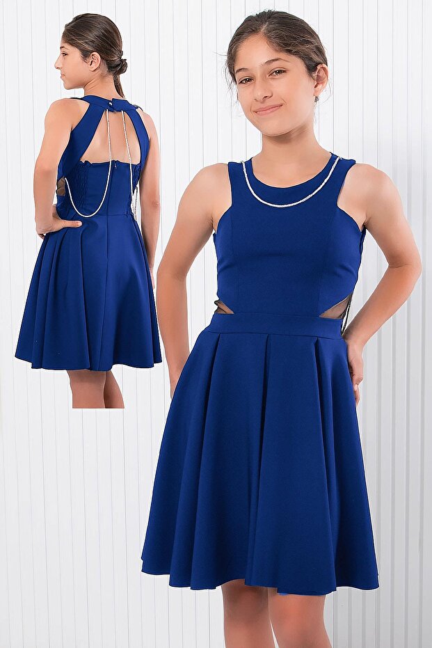 Stone Detailed Evening Dress Navy Blue Mdv344