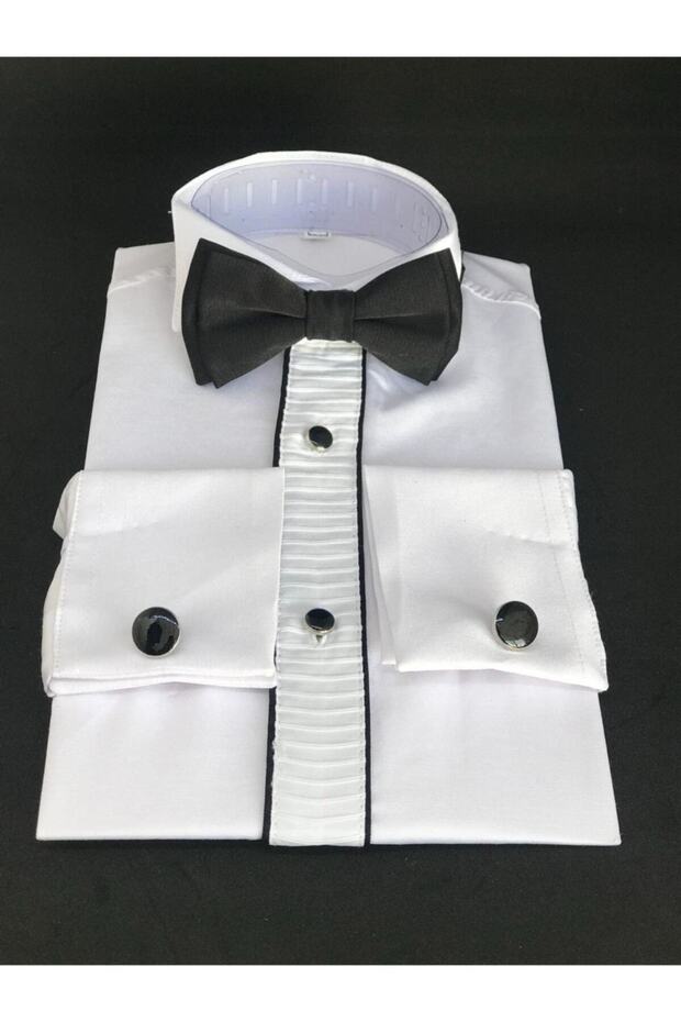 Boy's Black Cufflinks Pleated Piping Shirt