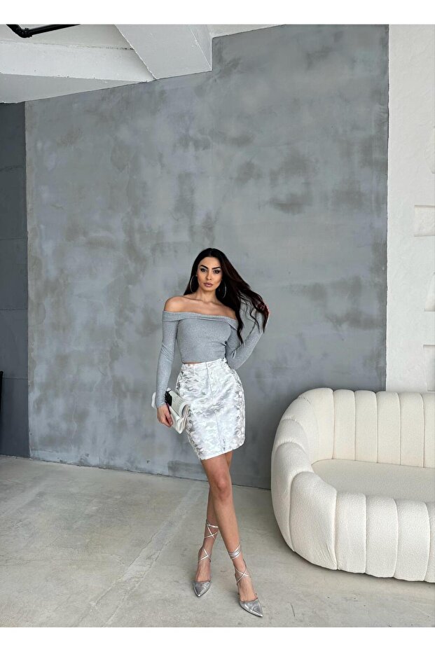 ZEO BASİC VARAK BASKILI MİNİ ETEK GÜMÜŞ KAMUFLAJ - 7