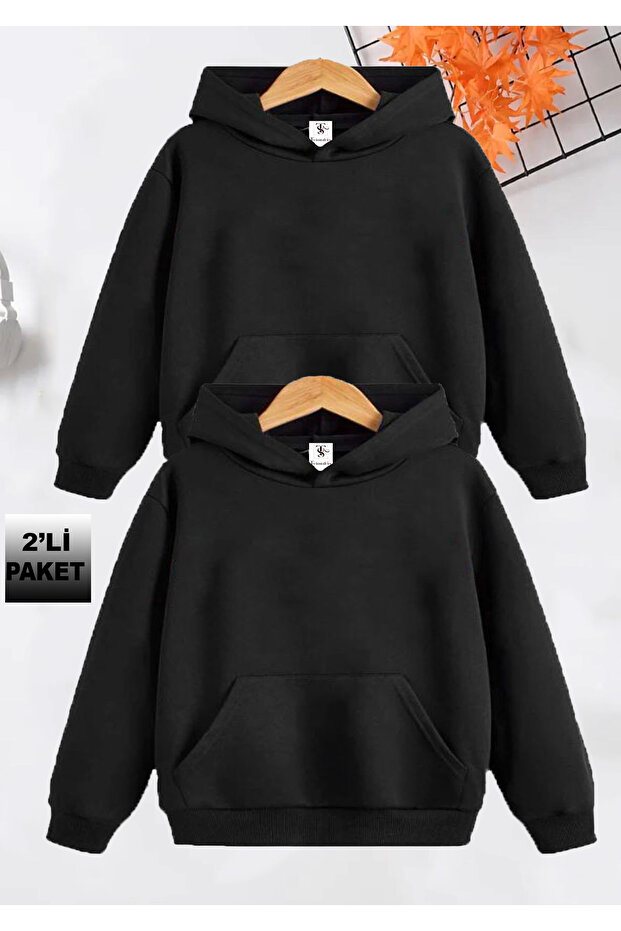Unprinted Fleece Inside 2 Pack Unisex Black Hooded Children's School Sweatshirt