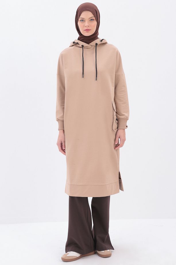 Bej Tek Cepli Nakışlı Kapüşonlu Sweat Tunik - 2