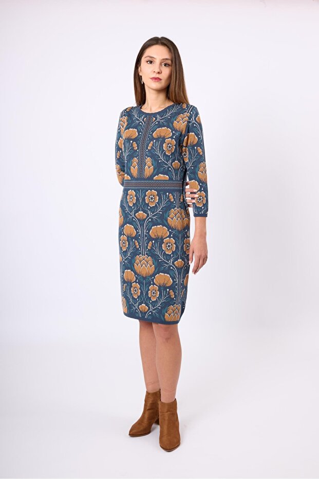 Felicity Çiçek Jakarlı Kadın Triko Elbise - Indigo Multi - 1