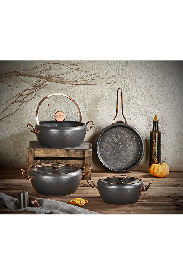 SIRENA 3540 - 7 Piece Bio Granite Pfoa Ptfe Free Pot Pan Dowry Set Anthracite Copper Detailed