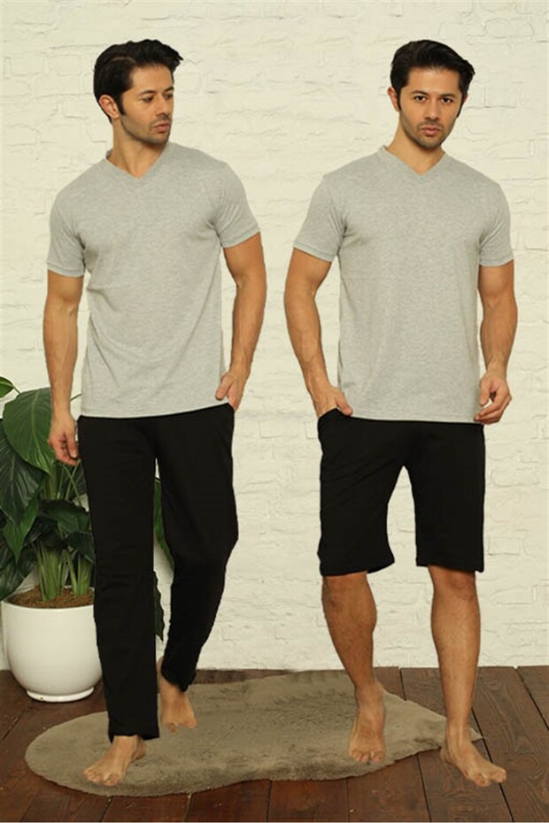Men's Gray V-Neck 3-Piece Pajama Set 6822