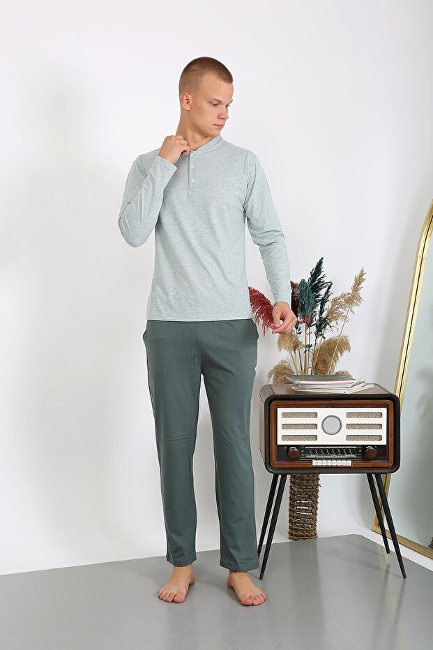 Men's Combed Cotton Long Sleeve Pajama Set 6860 Water Green