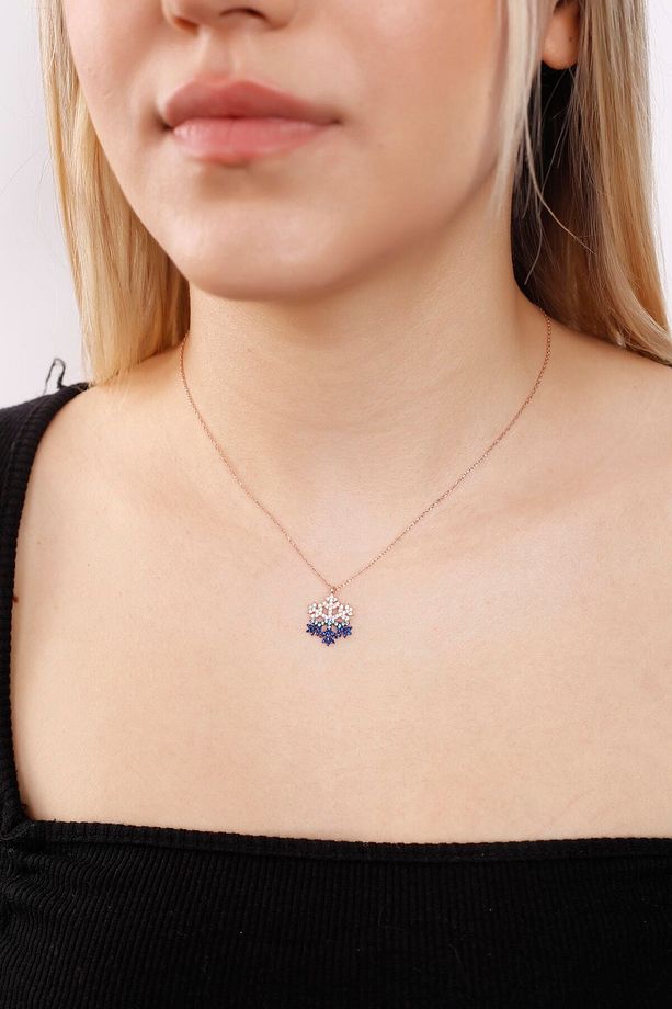 Akuamarin Safir Taşlı Kar Tanesi Gümüş Kolye - 1