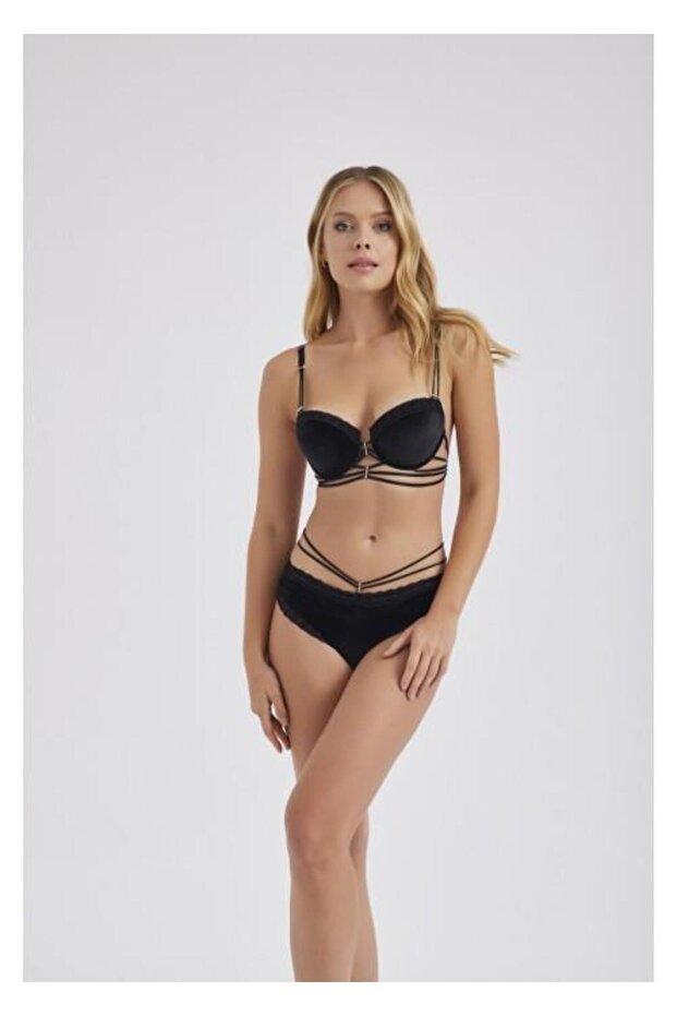Moonlight 284 Black Velvet Padded Bra Set with Strappy Details