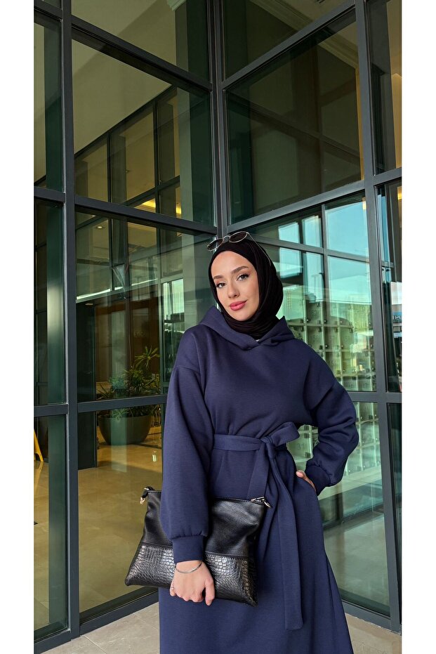 Kapşonlu 3 İplik Elbise - 3