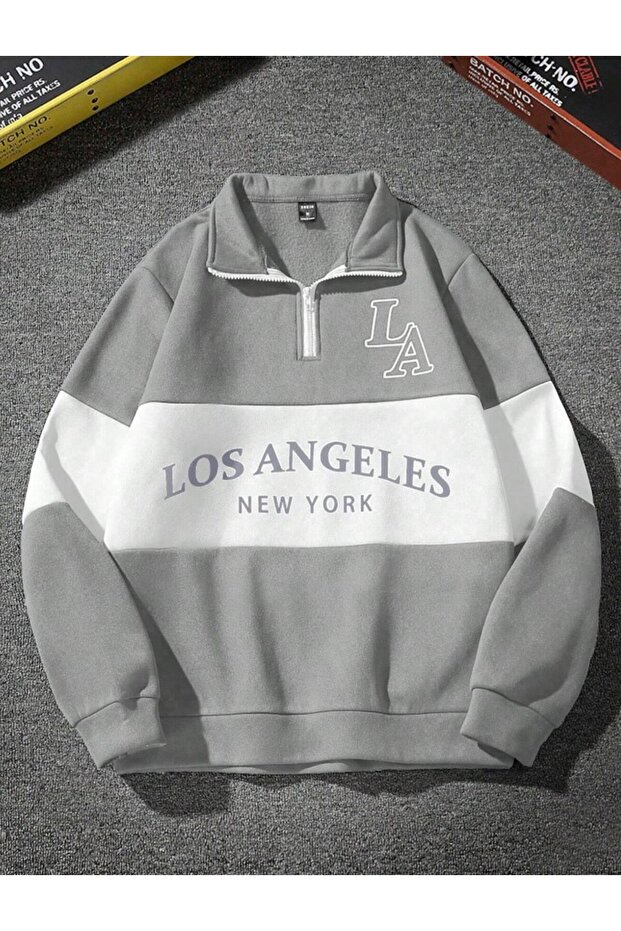 Unisex Gray Los Angeles Printed Oversize Half Zipper Polo Collar Sweatshirt