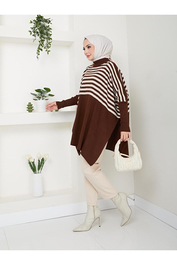 Women's Brown Ecru Striped Hijab Knitwear Oversize Sweater