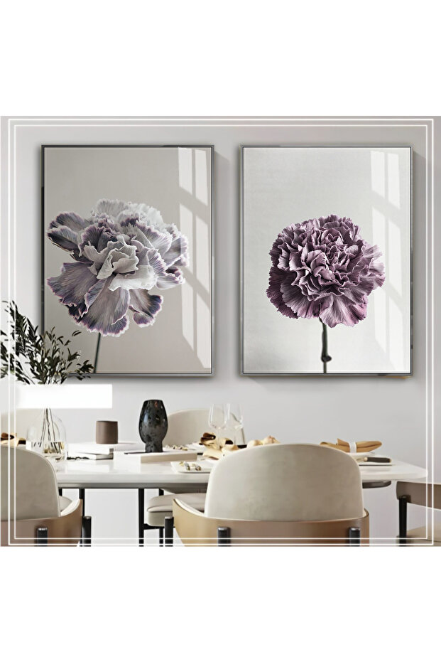 Hari̇kabi̇rev | Gray-Purple Flower Combination 01 | Framed Glass Table 2 Pieces Vertical
