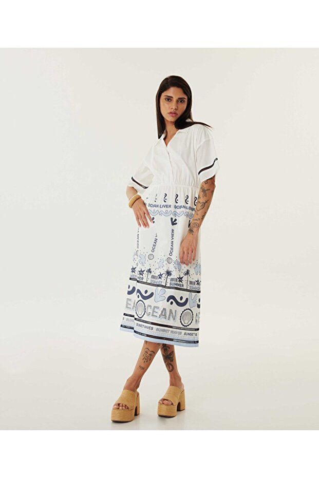 Desenli poplin elbise - 1