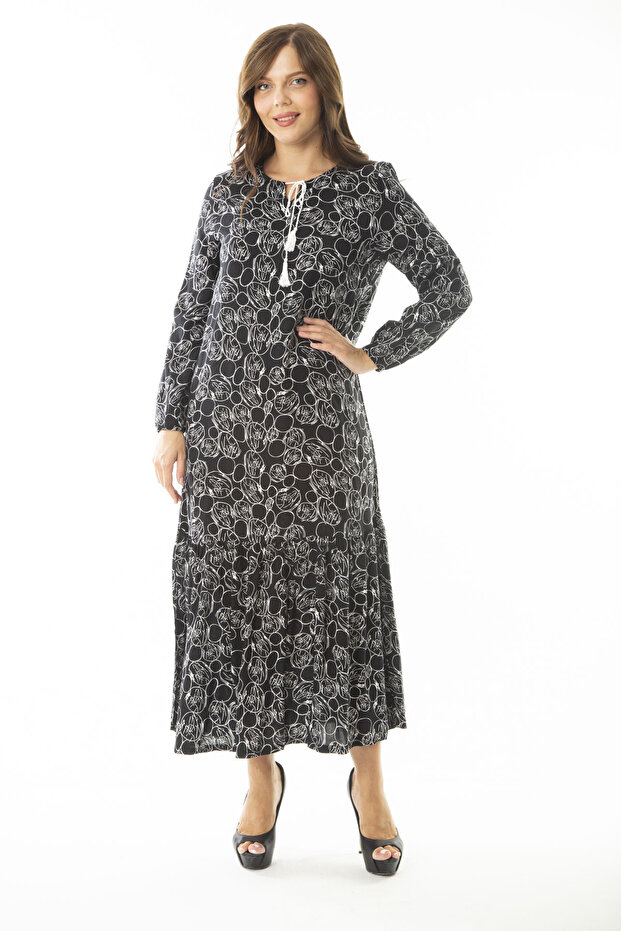 Women's Large Size Black Woven Viscose Fabric Hemline Tiered Long Sleeve Dress 65N36885